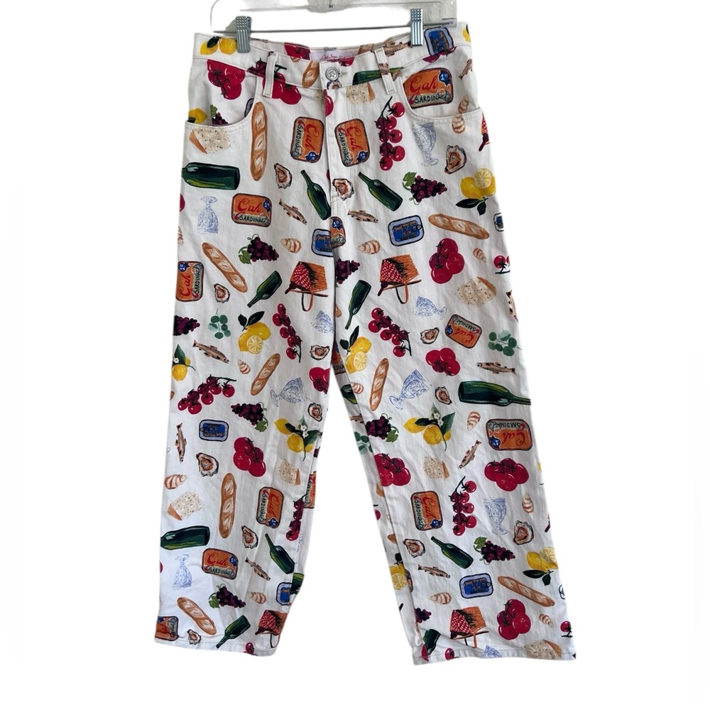 Lisa Says Gah White Jean Pants with Multicolor Grocery Print